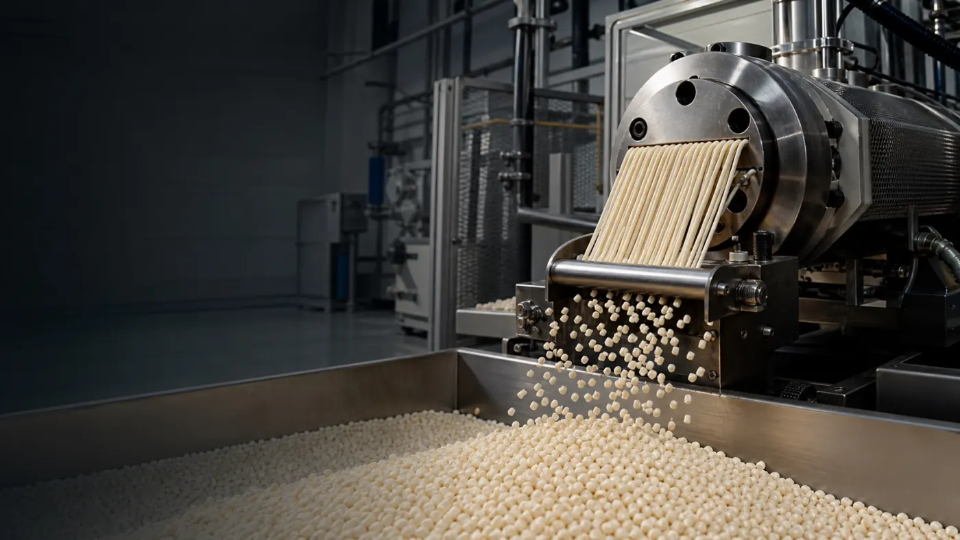 Masterbatch pellets leaving the pelletiser on an extrusion line